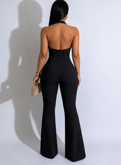 Halter Neck Cut-Out Flare Jumpsuit with Button Detail
