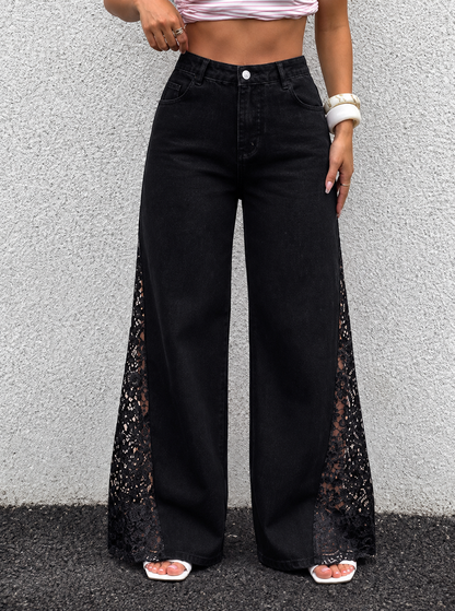 Lace Detail Wide-Leg Jeans