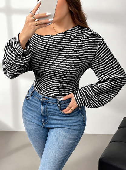 Plus Size Striped One-Shoulder Long Sleeve T-Shirt
