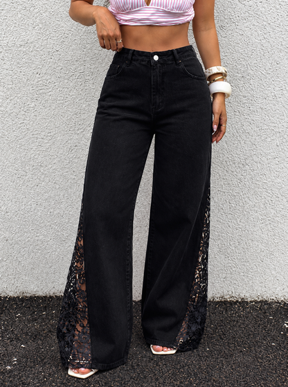Lace Detail Wide-Leg Jeans