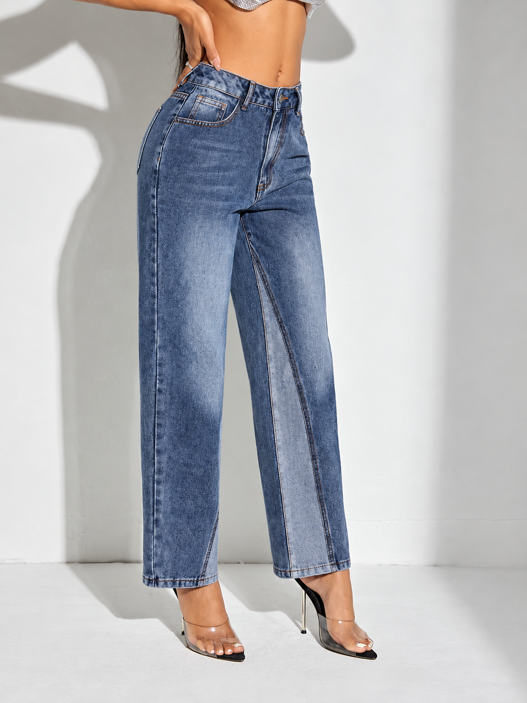Contrast Patchwork Straight Jeans with Pockets