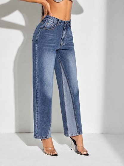 Contrast Patchwork Straight Jeans with Pockets