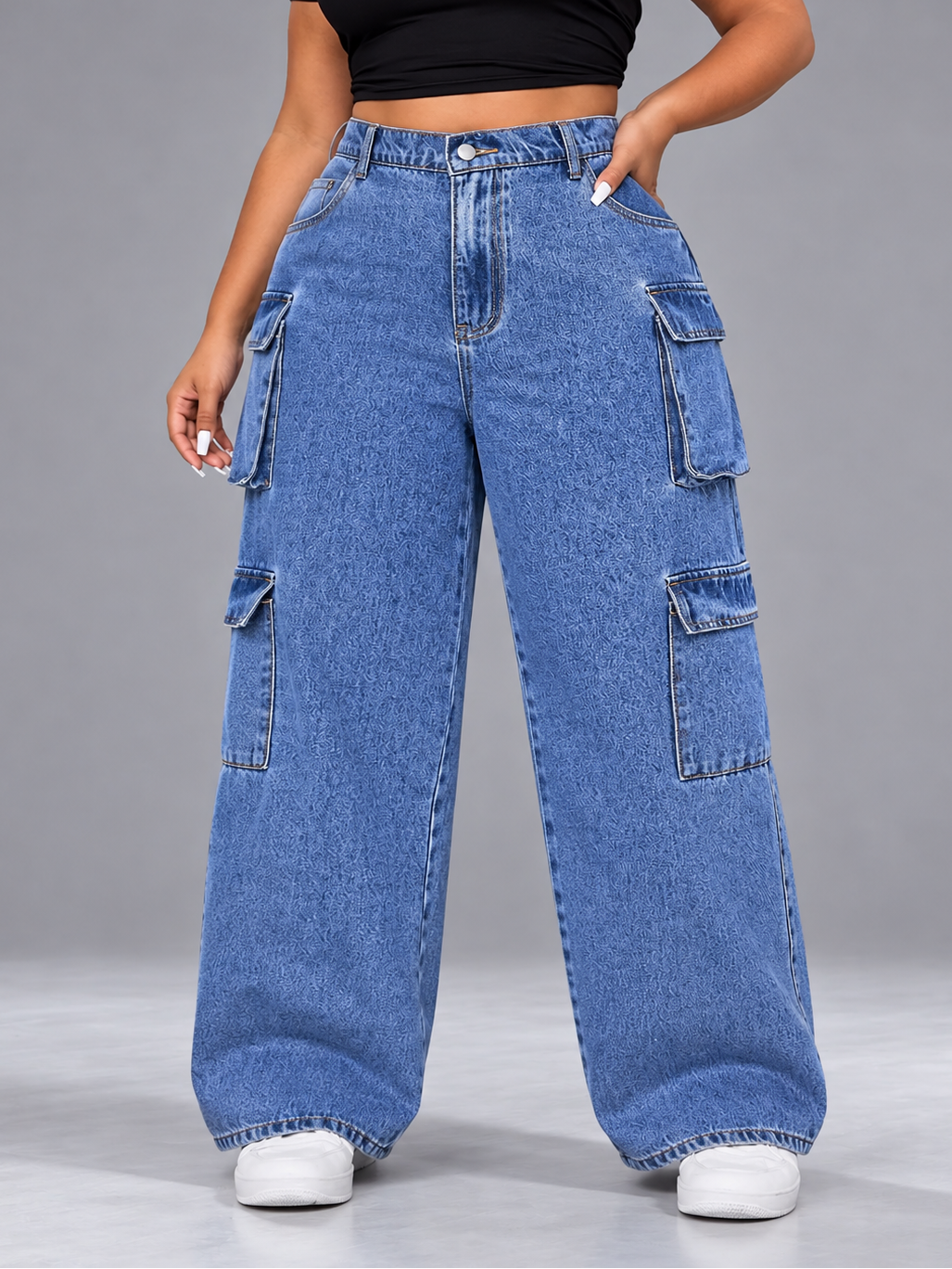 Plus Size High-Waisted Wide Leg Cargo Jeans