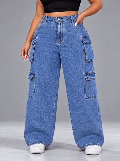 Plus Size High-Waisted Wide Leg Cargo Jeans