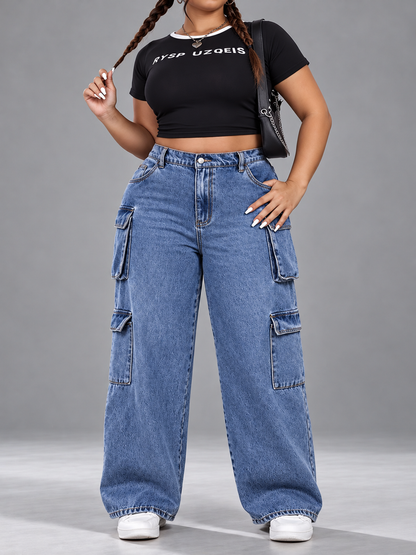 Plus Size High-Waisted Wide Leg Cargo Jeans