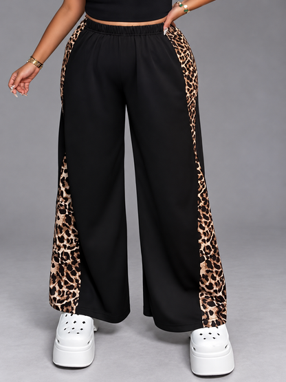 Plus Size Leopard Print Wide Leg Pants