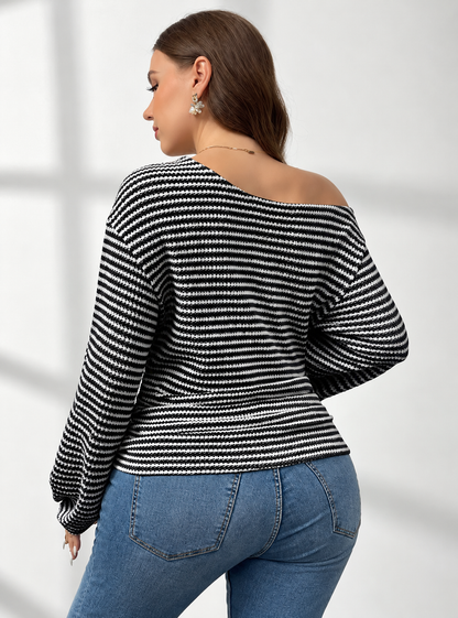 Plus Size Striped One-Shoulder Long Sleeve T-Shirt