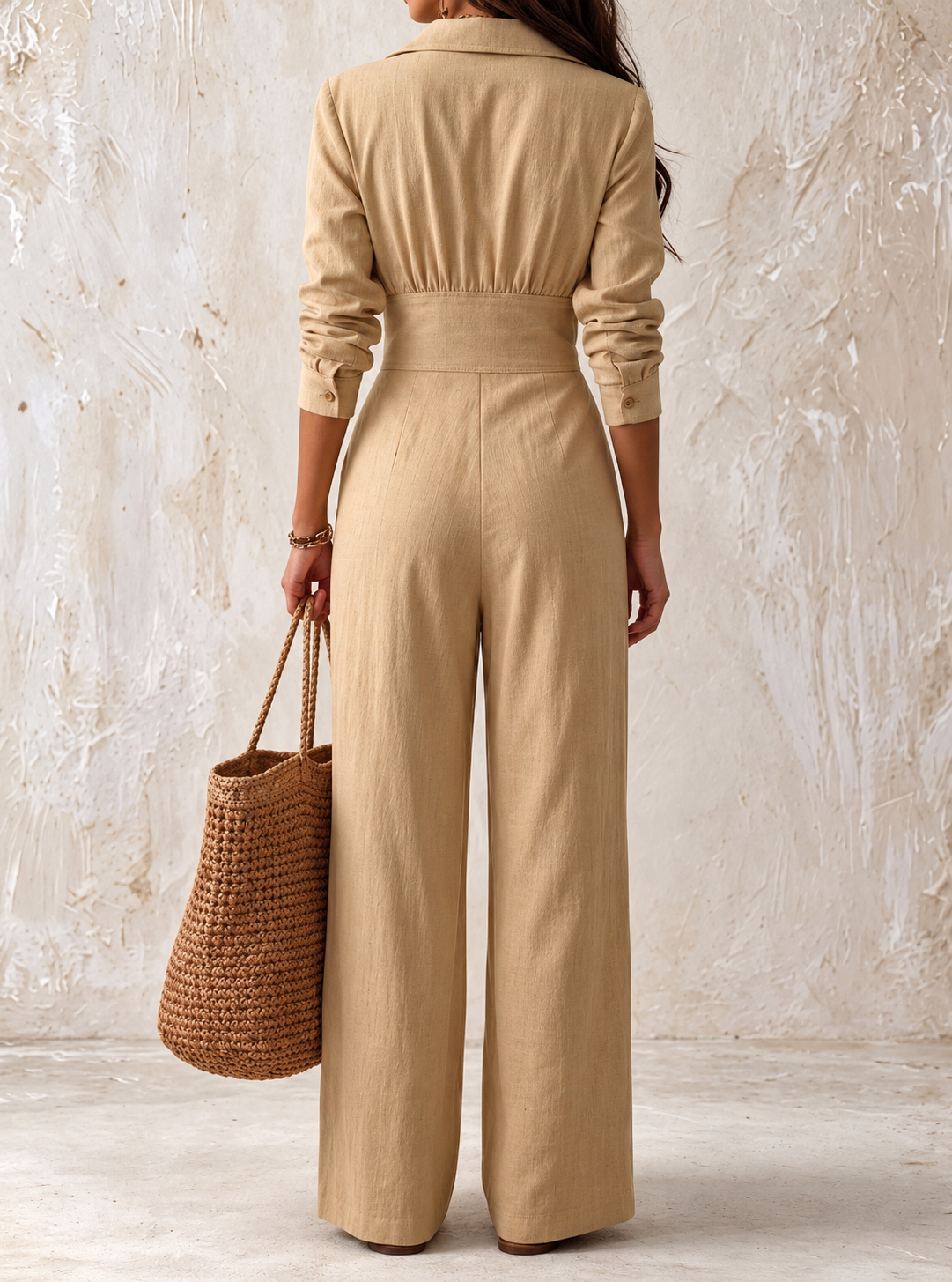 Lapel Collar Button Front Wide-Leg Jumpsuit