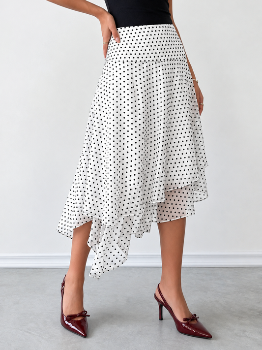 Polka Dot Asymmetrical Hem Midi Skirt