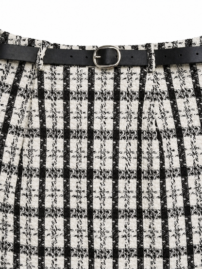 High-Waisted Tweed Plaid Midi Skirt