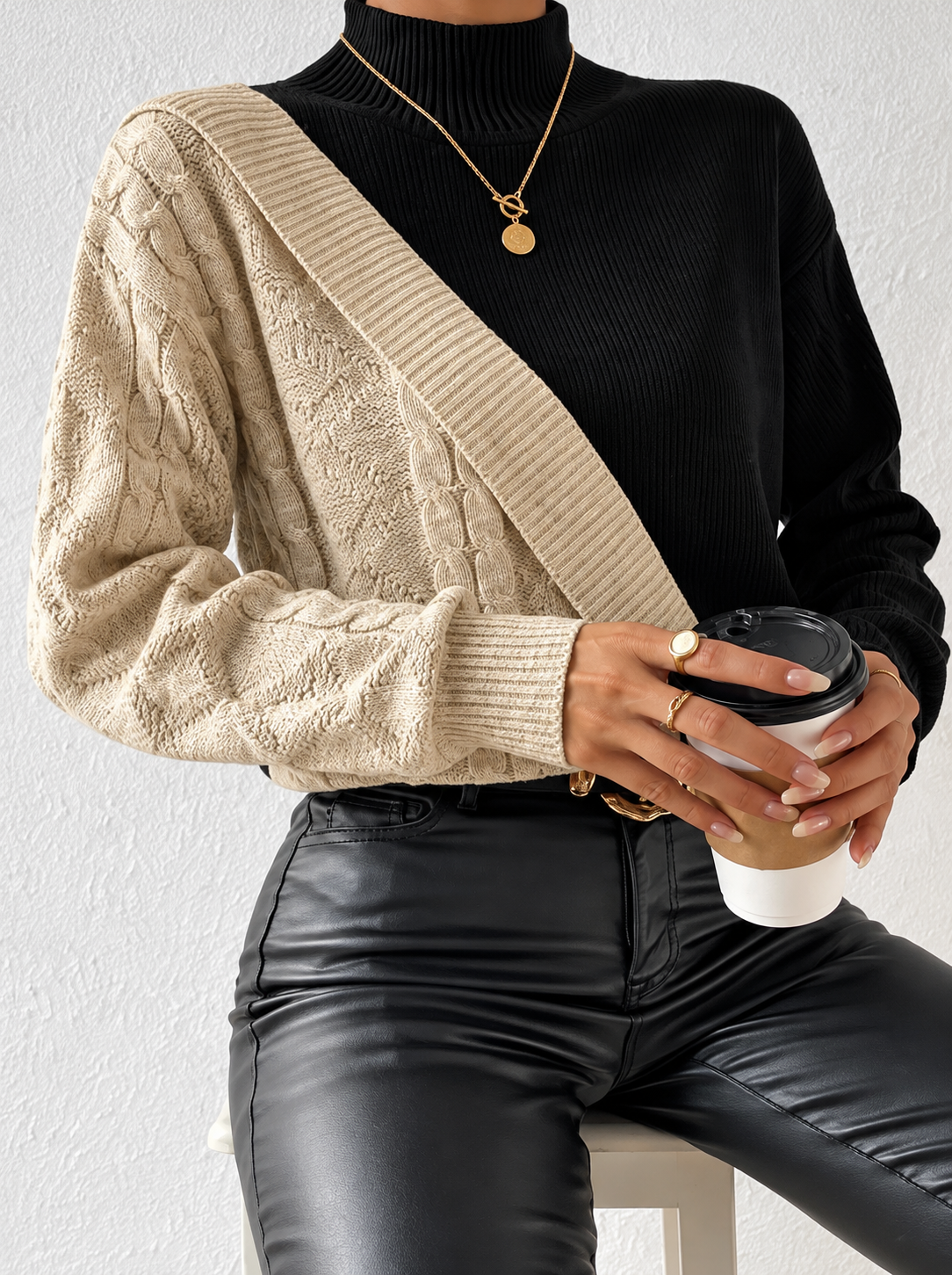 Color Block Cable Knit Mock Neck Sweater