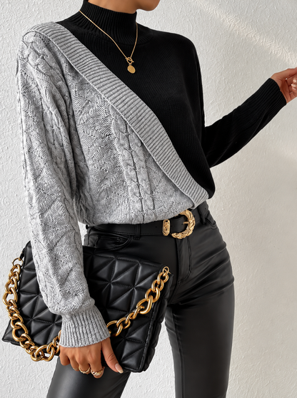 Color Block Cable Knit Mock Neck Sweater