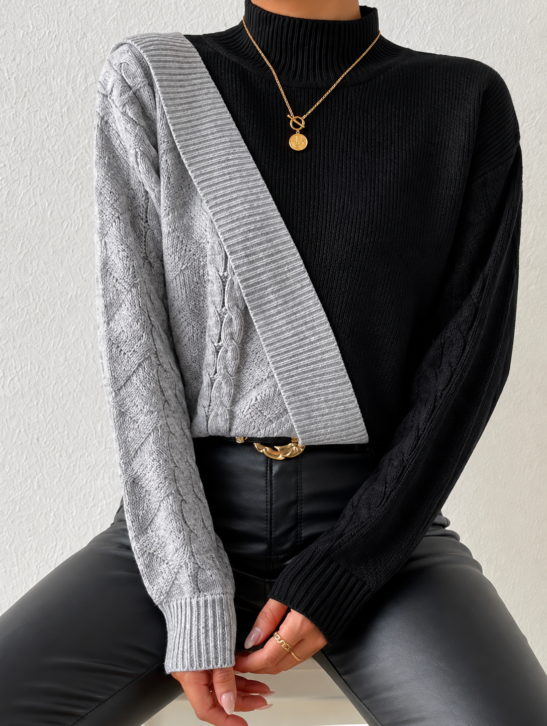 Color Block Cable Knit Mock Neck Sweater