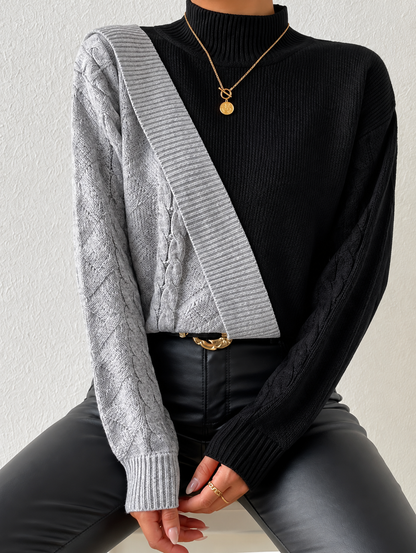 Color Block Cable Knit Mock Neck Sweater