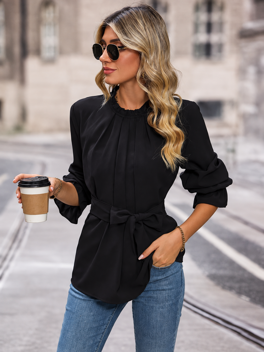 Perfee Round Neck Tie Waist Long Sleeve Blouse