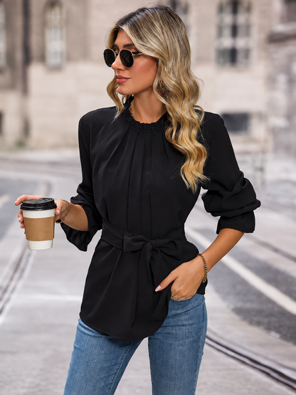 Perfee Round Neck Tie Waist Long Sleeve Blouse