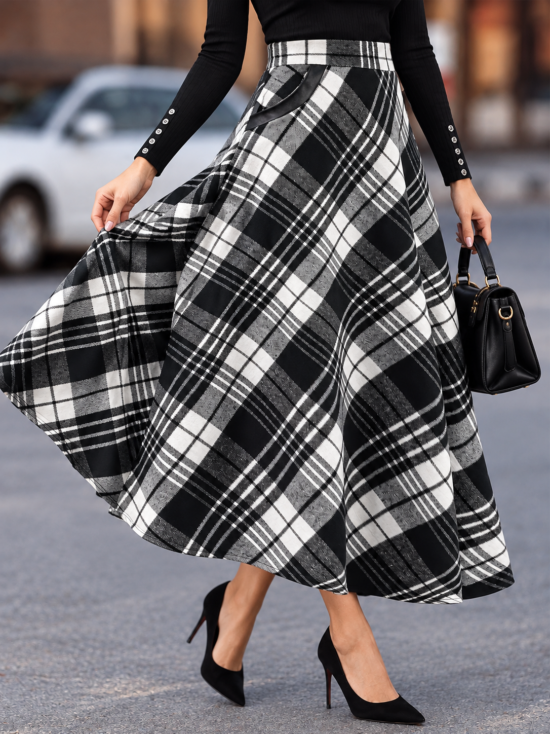 Plaid A-Line Midi Skirt with Pockets