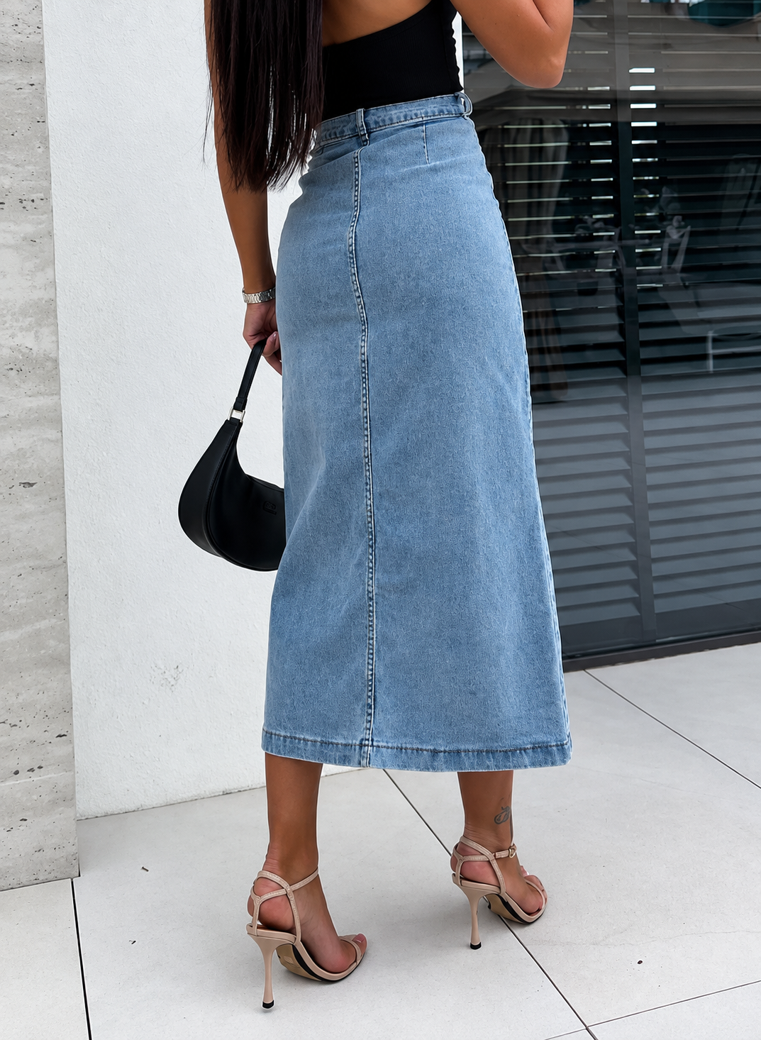 Front Button Slit Midi Denim Skirt
