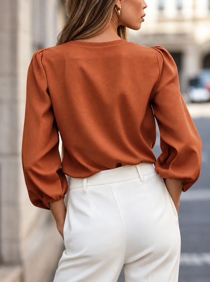 Elegant V-Neck Puff Sleeve Button-Down Shirt