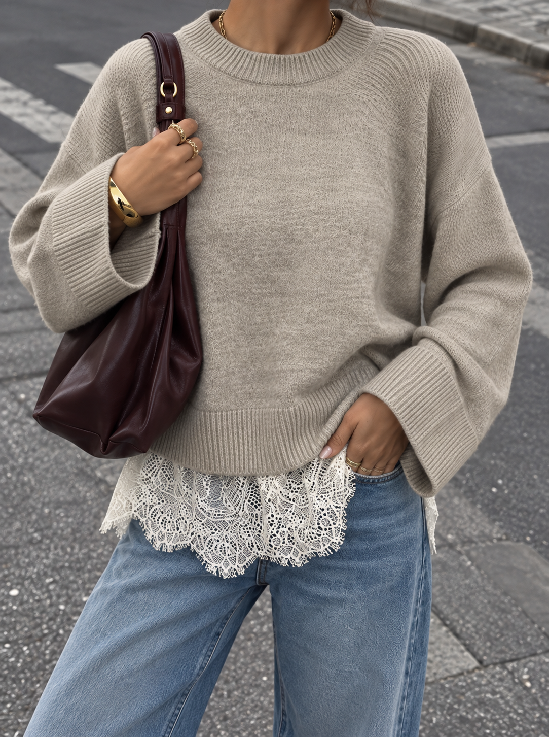 Layered Lace Hem Crew Neck Sweater