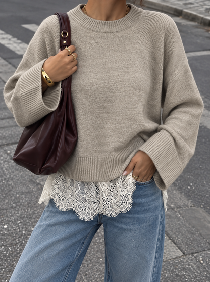 Layered Lace Hem Crew Neck Sweater