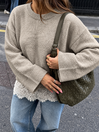 Layered Lace Hem Crew Neck Sweater