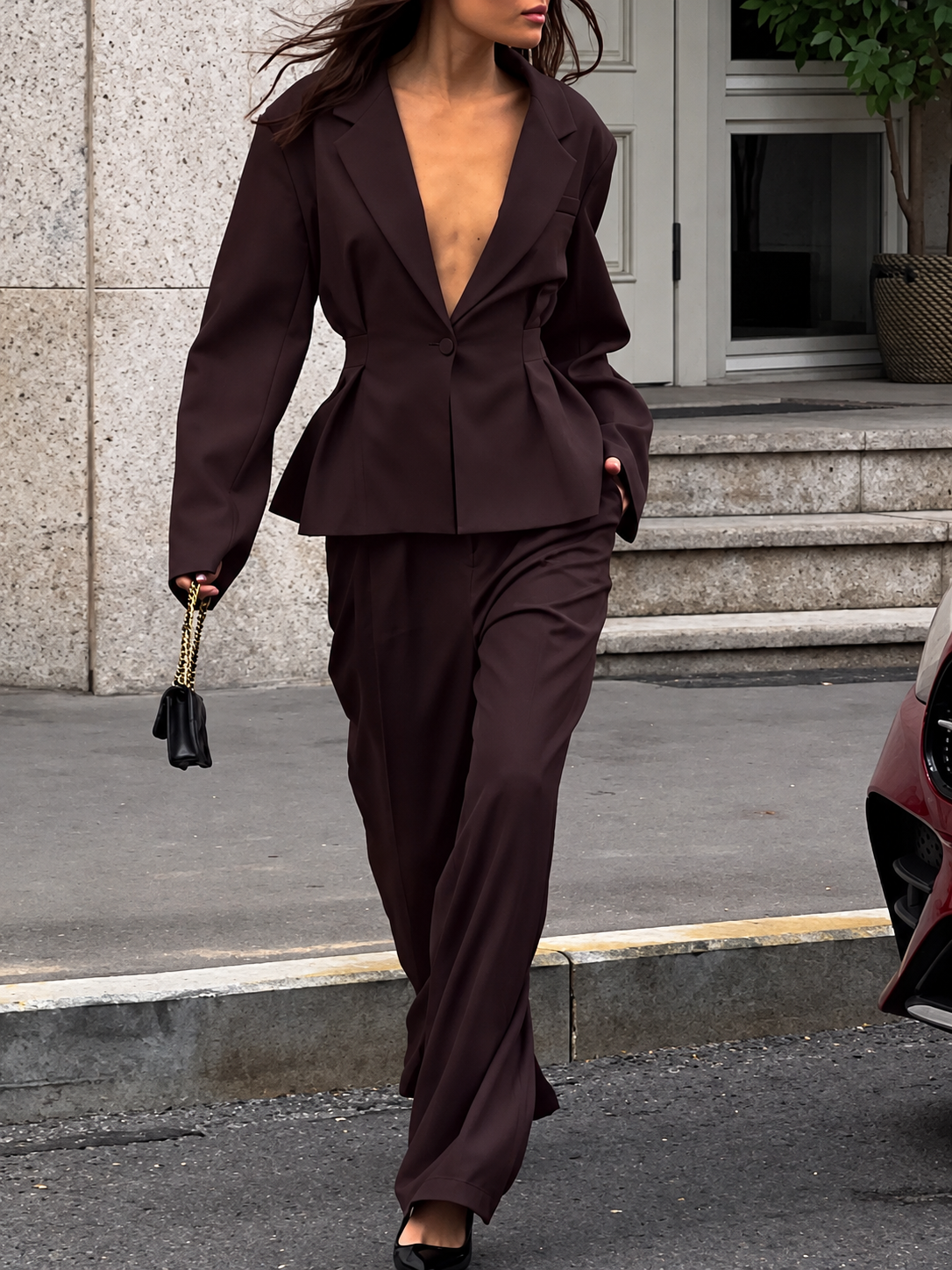 One-Button Blazer and Wide-Leg Pants Set
