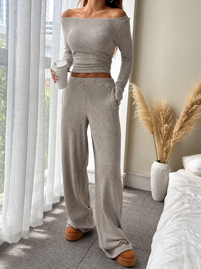 Ribbed Knit Boat Neck Top and Pants Set