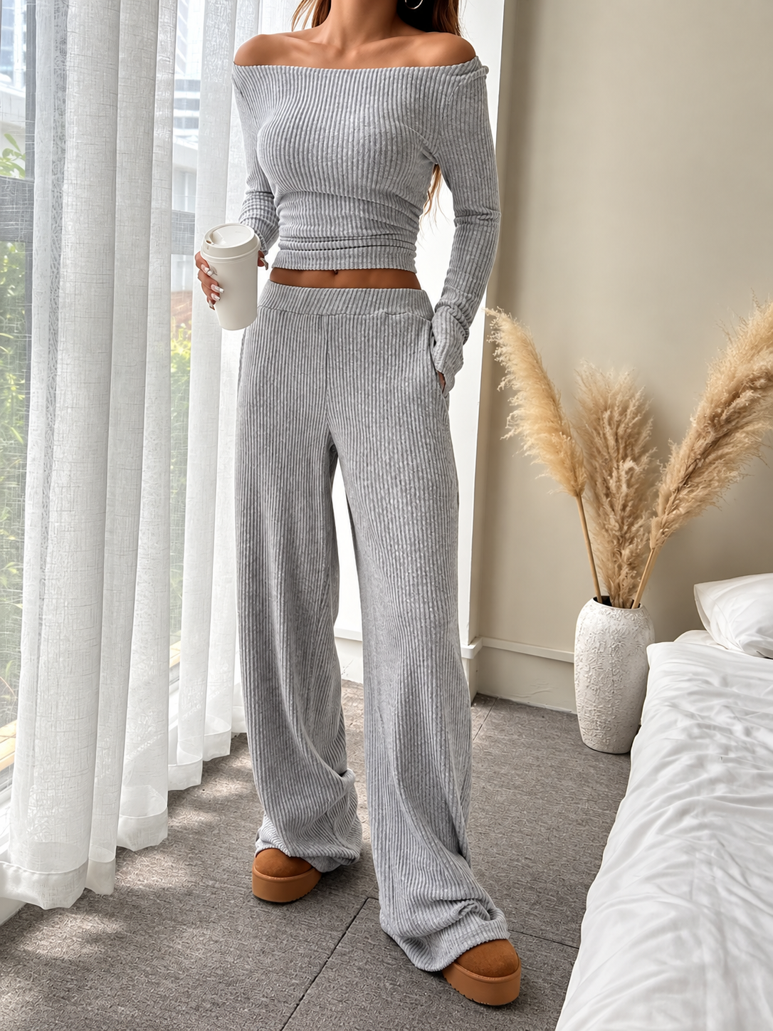 Ribbed Knit Boat Neck Top and Pants Set