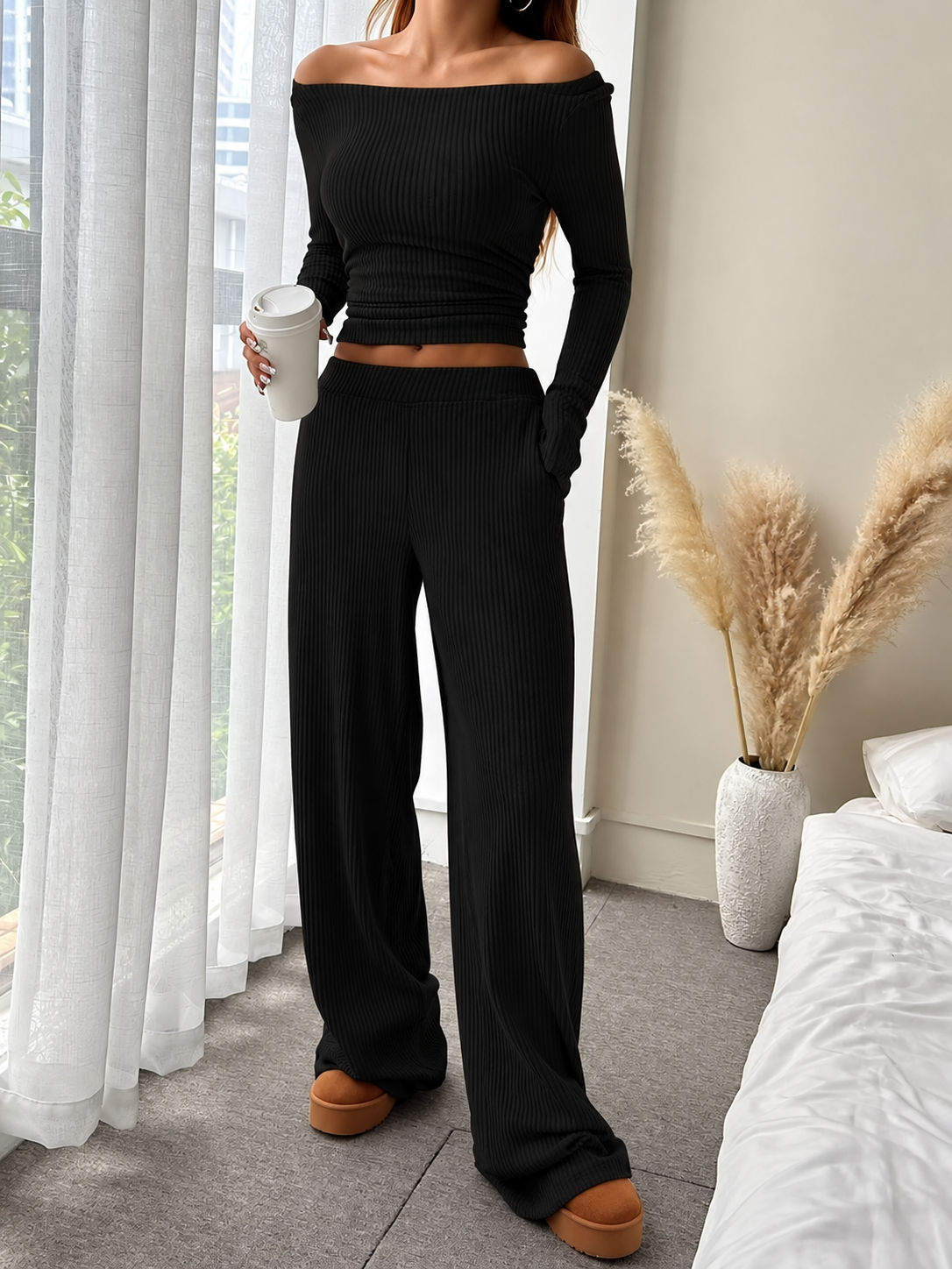 Ribbed Knit Boat Neck Top and Pants Set