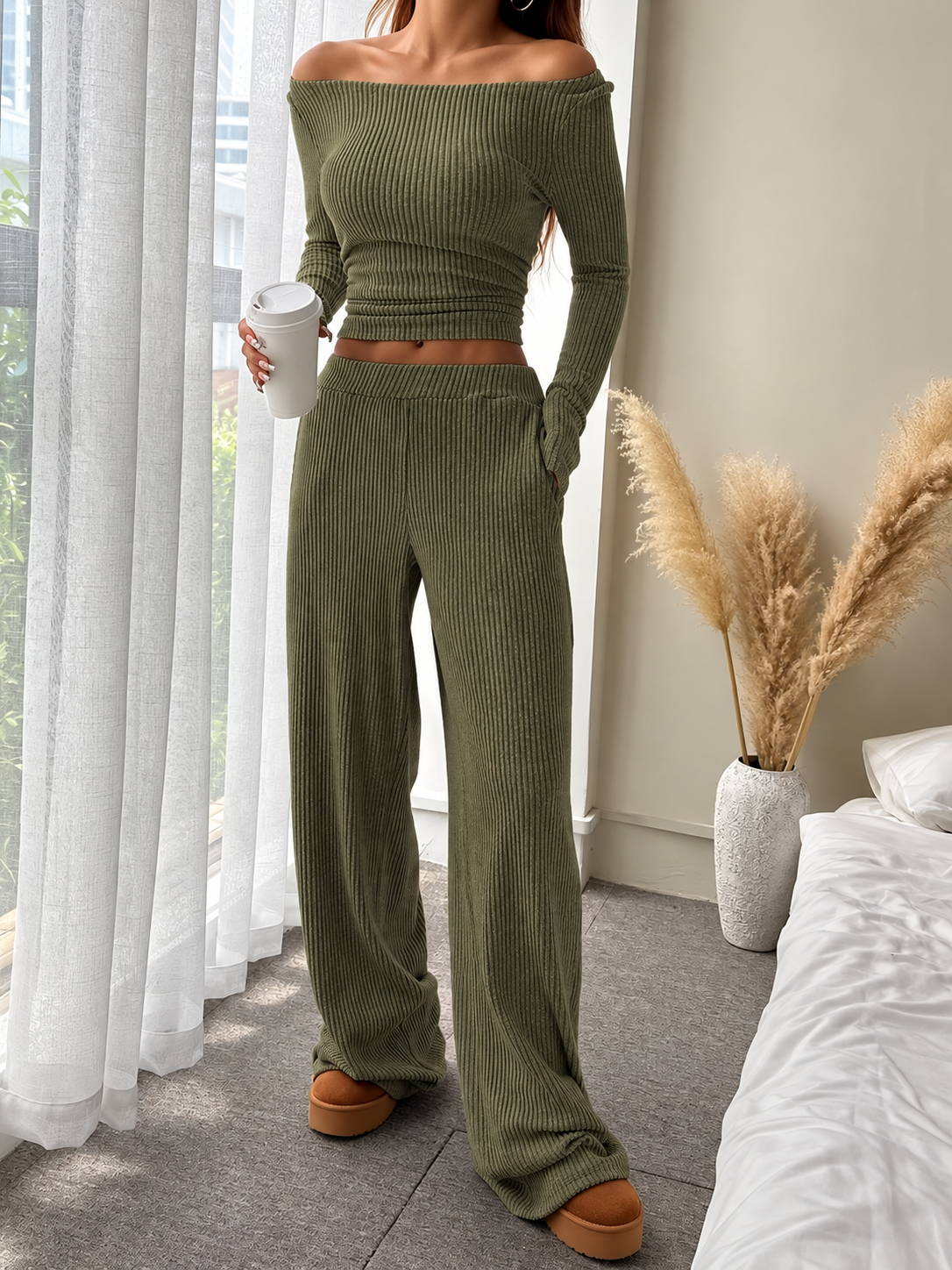 Ribbed Knit Boat Neck Top and Pants Set