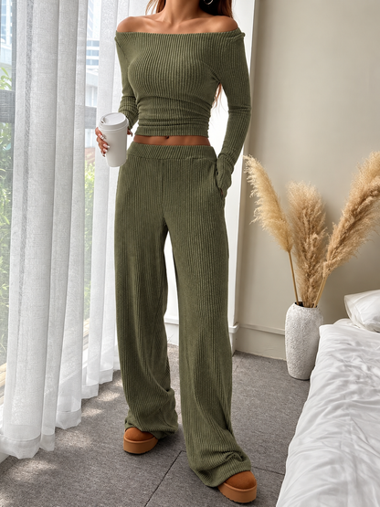Ribbed Knit Boat Neck Top and Pants Set