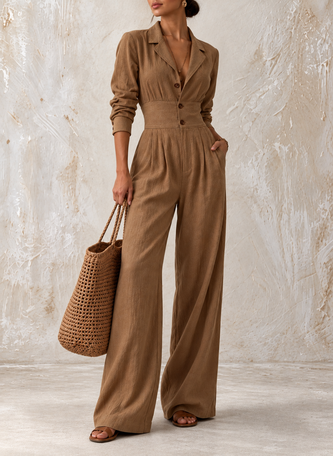 Lapel Collar Button Front Wide-Leg Jumpsuit