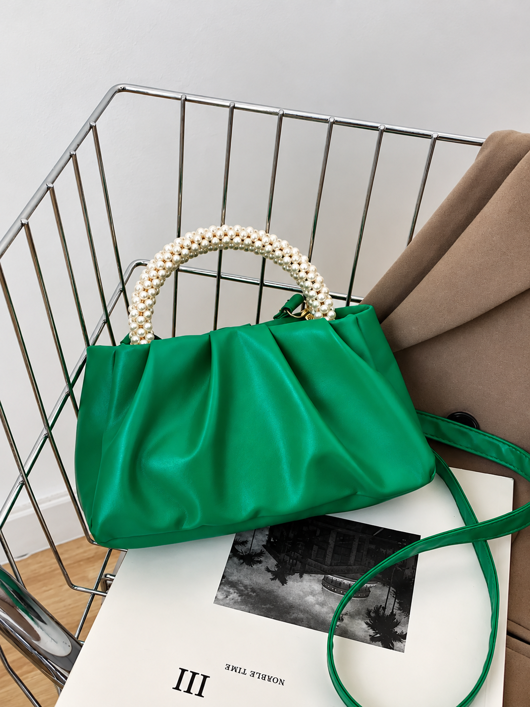 Pearl Handle Ruched Crossbody Bag