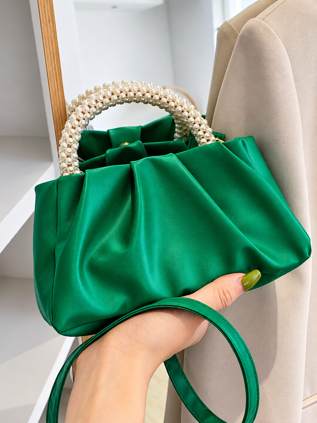 Pearl Handle Ruched Crossbody Bag