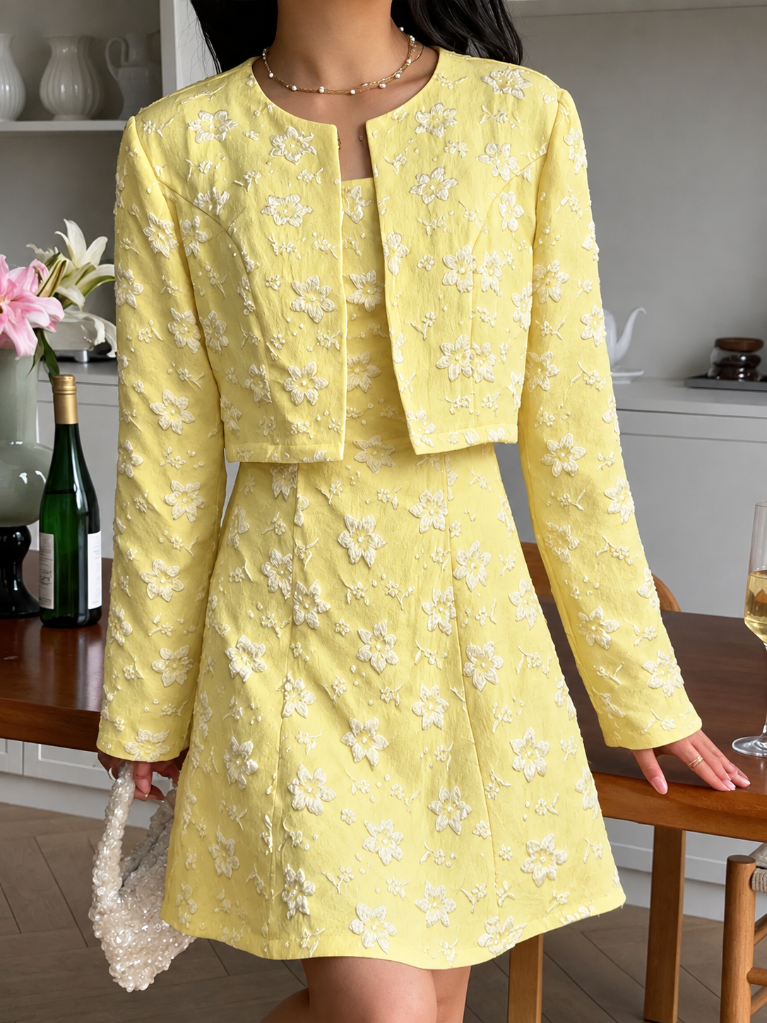 Textured Cropped Dress and Cardigan Two-Piece Set
