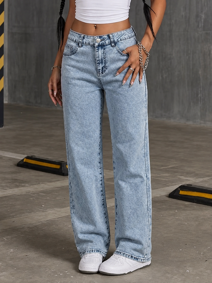 High-Waisted Acid Wash Straight Leg Jeans